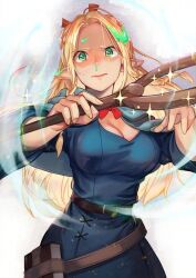 Rule 34 | 1girl, blonde hair, blue capelet, blue dress, breasts, capelet, cleavage, closed mouth, dress, dungeon meshi, elf, green eyes, hinoru saikusa, large breasts, looking at viewer, mage staff, marcille donato, pointy ears, serious, slime (substance), solo, upper body