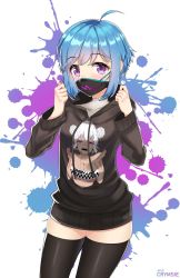 Rule 34 | 1girl, ahoge, black thighhighs, blue hair, blush, breasts, commentary, covered mouth, cowboy shot, english commentary, highres, hood, hoodie, looking at viewer, mask, mouth mask, nose blush, original, paint splatter, pink hair, promotional art, rachel bouvier, short hair, small breasts, solo, thighhighs, zettai ryouiki
