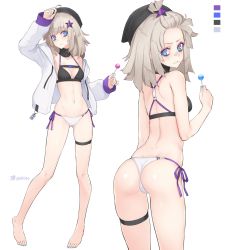 Rule 34 | 1girl, aa-12 (girls&#039; frontline), adapted costume, ahoge, alternate hairstyle, arm up, ass, bags under eyes, bare legs, barefoot, beret, bikini, blue eyes, breasts, bright pupils, buckle, candy, dan (kumadan), dimples of venus, food, full body, girls&#039; frontline, gluteal fold, hair ornament, hat, highres, hood, hooded jacket, hoodie, jacket, light brown hair, lollipop, looking at viewer, looking back, md5 mismatch, medium hair, multiple views, nail polish, navel, open clothes, open jacket, resolution mismatch, side-tie bikini bottom, simple background, small breasts, snap-fit buckle, source smaller, standing, swimsuit, thigh strap, toenail polish, toenails, white background