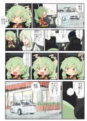 Rule 34 | anchovy (girls und panzer), anzai romi, embarrassed, girls und panzer, glasses, green hair, hair ribbon, highres, jinguu (4839ms), long hair, mother and daughter, red eyes, restaurant, ribbon, smile, stuffed animal, stuffed toy, translation request, tsuji renta, wheel