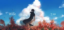 Rule 34 | 1boy, absurdres, black coat, black eyes, black hair, blue eyes, blue sky, blurry, blurry foreground, character name, cloud, coat, dated, day, fatalbug896, field, floating clothes, flower, flower field, full body, gradient eyes, high collar, highres, long sleeves, looking at viewer, male focus, multicolored eyes, original, outdoors, petals, red flower, short hair, sky, sleeves past fingers, sleeves past wrists, solo, standing, turtleneck, wide shot, wille (fatalbug896)