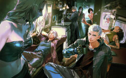 Rule 34 | black hair, black jacket, blonde hair, blue eyes, blue jacket, boiling pot, cane, cigarette butt, covering breasts, covering privates, dante (devil may cry), devil may cry (series), devil may cry 5, highres, holding, holding cane, holding mug, jacket, lady (devil may cry), looking at viewer, lying on couch, mita chisato, music box, nero (devil may cry), nico (devil may cry), nude, official art, one eye closed, red jacket, smoking, trish (devil may cry), v (devil may cry), vehicle interior, vergil (devil may cry), white hair