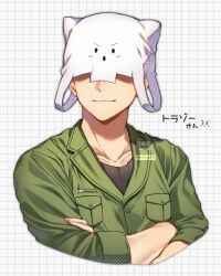 Rule 34 | 1boy, animal hat, character request, closed mouth, copyright request, crossed arms, green shirt, hat, highres, male focus, mochi ggg, shirt, smile, solo, white hat