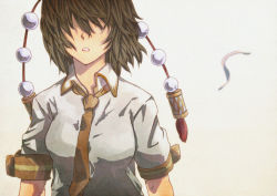 Rule 34 | 132, 1girl, brown hair, hair over eyes, necktie, open mouth, shameimaru aya, short hair, solo, touhou, white background, wind