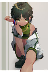 Rule 34 | 1girl, bare shoulders, between legs, black hair, bracelet, breasts, buttercup (ppg), candy, chain necklace, dark-skinned female, dark skin, feet out of frame, food, food in mouth, green eyes, green footwear, green skirt, grey background, hand between legs, hand up, head rest, highres, jacket, jewelry, knee up, koyubita, lollipop, looking at viewer, midriff, mouth hold, necklace, off shoulder, outstretched leg, pleated skirt, powerpuff girls, ring, shoes, short hair, sitting, skirt, skirt set, sleeveless, small breasts, solo, white jacket