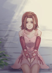 Rule 34 | 1girl, absurdres, arm warmers, bad id, bad pixiv id, between legs, blurry, brown hair, choker, depth of field, dress, gradient background, hairband, hand between legs, highres, jojo no kimyou na bouken, noriuma, pink dress, plant, red eyes, short hair, sitting, stairs, striped, striped background, sugimoto reimi, sunlight