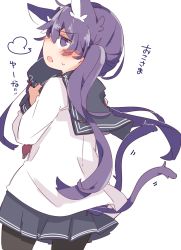 Rule 34 | 10s, 1girl, akatsuki (kancolle), akatsuki (kancolle) (cosplay), akebono (kancolle), alternate hairstyle, anchor print, animal ears, blush stickers, cat ears, cat tail, commentary request, cosplay, hat, kantai collection, kemonomimi mode, looking at viewer, multiple tails, pantyhose, pekeko (pepekekeko), purple eyes, purple hair, school uniform, serafuku, side ponytail, solo, tail, translation request, twintails, twintails day, two tails, unworn hat, unworn headwear, white background