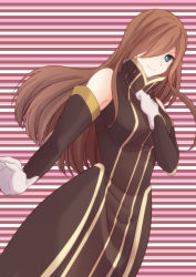 Rule 34 | 00s, 1girl, bare shoulders, blue eyes, breasts, brown hair, dress, elbow gloves, gloves, hair over one eye, highres, long hair, smile, tales of (series), tales of the abyss, tear grants