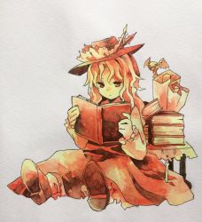 Rule 34 | blonde hair, book, brown dress, brown hat, dress, frilled dress, frilled hat, frills, full body, grey background, hat, hat feather, highres, jacket girl (dipp), kaigen 1025, limited palette, long hair, reading, simple background, sitting, skirt, solo, touhou, vest, wavy hair, white vest