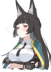 1girl animal_ear_fluff animal_ears black_gloves black_hair black_necktie blunt_bangs blush brat_(brabrabrat00) crossed_arms dress_shirt fingerless_gloves fox_ears fox_girl gauntlets gloves green_jacket highres hoshimi_miyabi jacket long_hair looking_ahead necktie red_eyes shirt sidelocks sigh simple_background single_fingerless_glove solo v-shaped_eyebrows white_background white_shirt zenless_zone_zero