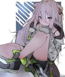 Rule 34 | 1girl, absurdres, ahoge, animal ears, black shorts, blush, bra strap, camouflage, camouflage jacket, closed mouth, dutch angle, ear piercing, full body, grey eyes, grey hair, hair between eyes, hand on own knee, highres, hololive, jacket, knee up, lion ears, lion tail, long hair, long sleeves, looking at viewer, messy hair, official alternate costume, official alternate hairstyle, piercing, shishiro botan, shishiro botan (casual), shoes, shorts, sitting, sneakers, solo, tail, virtual youtuber, yukirei