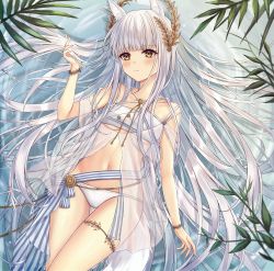 Rule 34 | 1girl, animal ears, arknights, atychi, bikini, blunt bangs, blush, breasts, cowboy shot, criss-cross halter, halterneck, hand up, highres, horse ears, horse tail, laurel crown, lying, navel, official alternate costume, on back, partially submerged, plant, platinum (arknights), platinum (shimmering dew) (arknights), see-through, see-through shirt, small breasts, solo, swimsuit, tail, thigh strap, underboob, water, white bikini, white hair, yellow eyes