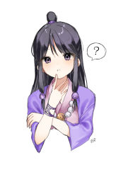 Rule 34 | 1girl, ?, ace attorney, bead necklace, beads, black hair, crossed arms, hair behind ear, hair bun, hand on own chin, head tilt, highres, jacket, japanese clothes, jewelry, kimono, looking at viewer, maya fey, mayuma (mayuma 0715), necklace, open mouth, pink kimono, portrait, purple eyes, purple jacket, single hair bun, sketch, solo, spoken question mark, white background
