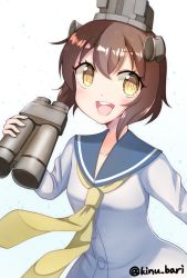 Rule 34 | 1girl, binoculars, blue sailor collar, brown eyes, brown hair, commentary request, cowboy shot, dress, headgear, headset, kantai collection, kinubari nerune, looking at viewer, neckerchief, one-hour drawing challenge, open mouth, round teeth, sailor collar, sailor dress, short hair, simple background, smile, solo, speaking tube headset, teeth, twitter username, upper teeth only, white background, yellow neckerchief, yukikaze (kancolle)
