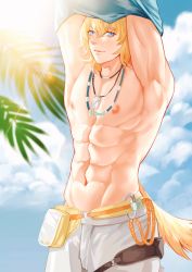 Rule 34 | abs, absurdres, animal ears, arknights, bad id, bad pixiv id, blonde hair, blue eyes, clothes lift, highres, muscular, muscular male, shirt lift, solo, sunglasses, tail, tequila (arknights), yedong