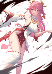 Rule 34 | 1girl, absurdres, animal ears, bare legs, bare shoulders, breasts, commentary request, detached sleeves, feet out of frame, fox ears, genshin impact, gohei, hair between eyes, highres, hnbsgy, large breasts, long hair, long sleeves, looking at viewer, open mouth, pink hair, purple eyes, red skirt, shirt, simple background, skirt, sleeveless, sleeveless shirt, solo, tears, thighs, torn clothes, torn skirt, very long hair, white background, white shirt, yae miko