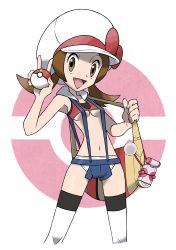 Rule 34 | 1girl, absurdres, armpits, bag, bare shoulders, breasts, creatures (company), crop top, game freak, highres, lyra (pokemon), medium hair, midriff, navel, nintendo, no bra, open mouth, panties, poke ball, pokemon, pokemon hgss, revealing clothes, shorts, smile, stomach, suspenders, thighhighs, thighs, tongue, underboob, underwear, user krcp8227, v, white panties, white thighhighs, zettai ryouiki