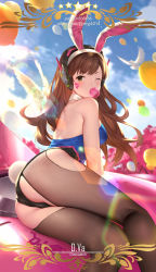 Rule 34 | 1girl, animal ears, arm support, ass, balloon, bare shoulders, bird, blue leotard, blush, breasts, brown eyes, brown hair, brown pantyhose, blowing bubbles, character name, chewing gum, commentary request, d.va (overwatch), detached collar, dove, facepaint, facial mark, fake animal ears, fishnet pantyhose, fishnets, headphones, highres, leotard, long hair, looking at viewer, looking back, medium breasts, one eye closed, overwatch, overwatch 1, pantyhose, playboy bunny, rabbit ears, rabbit tail, sitting, solo, strapless, strapless leotard, swept bangs, tail, torn clothes, torn pantyhose, watermark, whisker markings, yijian ma, yokozuwari