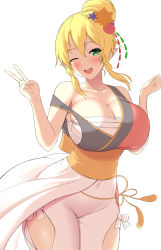 Rule 34 | 1girl, :d, alternate costume, alternate hairstyle, blonde hair, bow, breast suppress, breasts, cleavage, covered navel, fairy, green eyes, hair bun, hair ornament, highres, japanese clothes, kawase seiki, large breasts, leafa, long ears, one eye closed, open mouth, pointy ears, sarashi, simple background, single hair bun, skirt, smile, solo, standing, sword art online, v, white background, white skirt