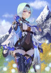 Rule 34 | 1girl, black footwear, black gloves, black hairband, black jumpsuit, blue capelet, blue hair, blue necktie, blue sky, boots, breasts, capelet, closed mouth, covered navel, day, eula (genshin impact), floating hair, genshin impact, gloves, hairband, highres, jumpsuit, lan qiandai, long hair, long sleeves, medium breasts, mountain, necktie, outdoors, purple eyes, short jumpsuit, sky, solo, standing, thigh boots, thighhighs, white sleeves, zettai ryouiki