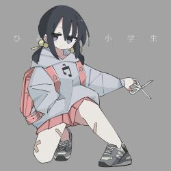 Rule 34 | 1girl, backpack, bag, bandaid, bandaid on leg, black hair, commentary request, crossed bandaids, dot mouth, expressionless, full body, grey eyes, grey hoodie, hair bobbles, hair ornament, hand in pocket, highres, himitsu no shougakusei (vocaloid), holding, holding scissors, hood, hood down, hoodie, jitome, kaai yuki, long sleeves, looking at viewer, low twintails, momochi tama, musical note, new balance, on one knee, outstretched arm, pink bag, pink skirt, pleated skirt, randoseru, scissors, shoes, skirt, sneakers, solo, song name, translation request, twintails, vocaloid