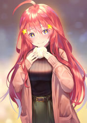 Rule 34 | 1girl, ahoge, baozi, belt, black belt, black sweater, blurry, blurry background, blush, breasts, crumbs, food, go-toubun no hanayome, green skirt, hair ornament, highres, holding, holding food, large breasts, long hair, looking down, nakano itsuki, pink sweater, purple eyes, red hair, ribbed sweater, skirt, smile, solo, star (symbol), star hair ornament, star in eye, sweater, sweater tucked in, symbol in eye, yk (pixiv43531291)
