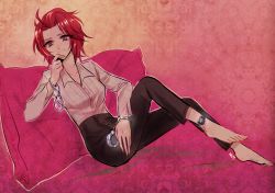 Rule 34 | 10s, 1girl, akuma no riddle, anklet, bad id, bad pixiv id, barefoot, brown eyes, business casual, capri pants, coonut, cuffs, handcuffs, high-waist pants, jewelry, looking at viewer, namatame chitaru, pants, pillow, red hair, shirt, short hair, sitting, watch