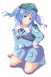 Rule 34 | 1girl, arm support, blue eyes, blue footwear, blue hair, blue shirt, blue skirt, boots, breasts, collarbone, commentary request, flat cap, floating hair, frilled shirt collar, frills, green hat, hair bobbles, hair ornament, hand on own hip, hat, head tilt, highres, kawashiro nitori, key, kneeling, light blush, long sleeves, looking at viewer, partial commentary, rubber boots, shadow, shirt, short hair, simple background, skirt, small breasts, smile, solo, touhou, two side up, utakata (azaka00), white background