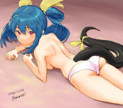 Rule 34 | 1girl, ass, blue hair, blush, breasts, butt crack, dizzy (guilty gear), guilty gear, guilty gear xrd, hair between eyes, long hair, looking at viewer, lying, on stomach, panties, red eyes, ribbon, sideboob, signature, solo, tail, tail ornament, tail ribbon, twintails, underwear, yellow ribbon, zaki (narashigeo)