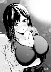 Rule 34 | 1girl, :o, arm grab, black hair, black shirt, blush, breasts, brick road, cleavage, collarbone, commentary request, hair between eyes, hair ribbon, highres, large breasts, long hair, monochrome, open mouth, original, ribbon, ryopa, shirt, sidelocks, signature, sleeves rolled up, solo focus, standing, upper body, white shirt