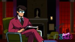 Rule 34 | 1boy, angry, black hair, black neckwear, chair, copyright name, covered eyes, formal, glasses, glowing glasses, highres, katana zero, crossed legs, male focus, necktie, office, official art, psychiatrist (katana zero), red suit, sitting, suit, trading card, whoisnassstya, writing