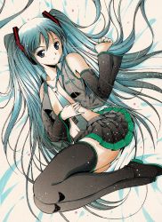 Rule 34 | aqua hair, bad id, bad pixiv id, boots, detached sleeves, hatsune miku, highres, long hair, lying, moonsorrow, navel, necktie, open clothes, open shirt, screentones, shirt, solo, thigh boots, thighhighs, traditional media, twintails, vocaloid, zettai ryouiki