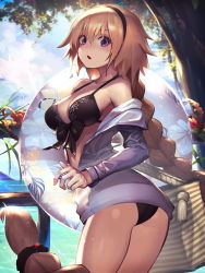 Rule 34 | 1girl, ass, bikini, black bikini, black hairband, blonde hair, blue jacket, blue sky, braid, braided ponytail, branch, breasts, cleavage, day, eis, fate/apocrypha, fate/grand order, fate (series), from behind, front-tie bikini top, front-tie top, hair between eyes, hairband, highres, hood, hooded jacket, hoodie, innertube, jacket, jeanne d&#039;arc (fate), jeanne d&#039;arc (ruler) (fate), jeanne d&#039;arc (swimsuit archer) (fate), jeanne d&#039;arc (swimsuit archer) (first ascension) (fate), leaf, long braid, long hair, looking at viewer, medium breasts, ocean, open clothes, open jacket, open mouth, outdoors, ponytail, purple eyes, single braid, sky, solo, standing, swim ring, swimsuit, tree, very long hair, water