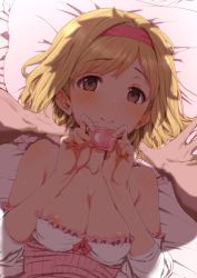 Rule 34 | 10s, 1girl, areola slip, bare shoulders, blonde hair, blush, breasts, brown eyes, clearite, condom, condom wrapper, djeeta (granblue fantasy), fighter (granblue fantasy), granblue fantasy, looking at viewer, on bed, pov, short hair, smile, solo focus