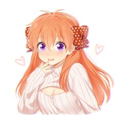 Rule 34 | 10s, 1girl, bad id, bad pixiv id, bow, breasts, cleavage, cleavage cutout, clothing cutout, gekkan shoujo nozaki-kun, hair bow, heart, jewelry, long hair, looking at viewer, meme attire, mery (yangmalgage), necklace, open-chest sweater, orange hair, polka dot, polka dot bow, purple eyes, ribbed sweater, sakura chiyo, simple background, small breasts, solo, sweater, turtleneck, white background