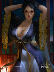 Rule 34 | 1girl, accessories, arms up, bad link, black dress, black hair, breasts, chinese clothes, cleavage, dress, frilled sleeves, frills, jewelry, looking at viewer, night, night sky, nose, original, red eyes, shurakrgt, sky, standing, star (sky), starry sky, white dress