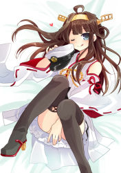 Rule 34 | 10s, 1girl, :p, ;q, ahoge, blue eyes, brown hair, covering privates, covering crotch, detached sleeves, hairband, hat, holding, holding clothes, holding hat, japanese clothes, kantai collection, kongou (kancolle), long hair, looking at viewer, nagasioo, nontraditional miko, one eye closed, peaked cap, ribbon-trimmed sleeves, ribbon trim, solo, thighhighs, tongue, tongue out, unworn hat, unworn headwear, wide sleeves