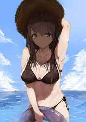 Rule 34 | 1girl, absurdres, arm above head, arm at side, armpits, bikini, blue sky, breasts, brown hair, cloud, cowboy shot, day, grain, groin, hat, highres, holding, holding clothes, holding hat, innertube, large breasts, navel, original, painttool sai, side-tie bikini bottom, sky, smile, solo, straw hat, swim ring, swimsuit, wading