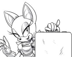 Rule 34 | 1girl, artist request, bat (animal), breasts, cleavage, gloves, looking at viewer, monochrome, rouge the bat