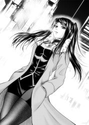 Rule 34 | 1girl, an&#039;no natsume, bartender, cigarette, city, cityscape, coat, greyscale, hands in pockets, highres, jill stingray, miniskirt, monochrome, necktie, night, pantyhose, skirt, smoking, solo, twintails, twintails day, va-11 hall-a