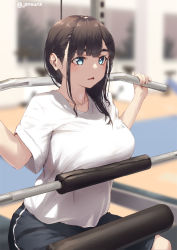 Rule 34 | 1girl, black shorts, blue eyes, blunt bangs, breasts, brown hair, collarbone, commentary request, gym, indoors, jonsun, large breasts, mole, mole under eye, original, shirt, short hair, short sleeves, shorts, sitting, solo, t-shirt, tamami (jonsun), twitter username, white shirt, workout, workout clothes