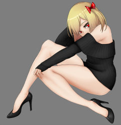 Rule 34 | 1girl, alternate hairstyle, arm up, bare legs, bare shoulders, black footwear, black sweater, blonde hair, bow, commentary request, full body, grey background, haiiro gundan, hair bow, hand in own hair, head tilt, high heels, knee up, long sleeves, looking at viewer, off-shoulder, off-shoulder sweater, off shoulder, one side up, red bow, red eyes, ribbed sweater, rumia, short hair, simple background, sitting, sleeves past wrists, solo, sweater, thighs, touhou
