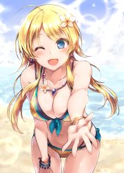 Rule 34 | 1girl, absurdres, ahoge, bare shoulders, beach, bikini, blonde hair, blue eyes, blue sky, bracelet, breasts, cleavage, closed mouth, collarbone, commentary request, day, hachimiya meguru, highres, idolmaster, idolmaster shiny colors, jewelry, large breasts, long hair, looking at viewer, low twintails, necklace, ocean, one eye closed, open mouth, outdoors, paopao, reaching, reaching towards viewer, sky, solo, string bikini, swimsuit, twintails, yellow bikini