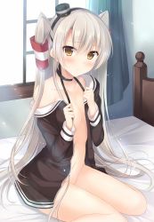 Rule 34 | 10s, 1girl, amatsukaze (kancolle), bed, blush, bottomless, brown eyes, choker, collarbone, curtains, dress, flat chest, hair between eyes, hair tubes, hat, highres, kantai collection, long hair, looking at viewer, naked shirt, navel, no bra, off shoulder, on bed, open clothes, open dress, sailor dress, shirt, short dress, silver hair, sitting, solo, tomoo (tomo), twintails, two side up, undressing, very long hair, wariza, window