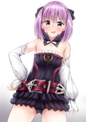Rule 34 | 1girl, bare shoulders, belt, black panties, black thighhighs, blush, detached sleeves, fate/grand order, fate (series), flat chest, from below, gradient background, helena blavatsky (fate), highres, looking at viewer, moyoron, open mouth, panties, purple eyes, purple hair, short hair, smile, solo, strapless, thighhighs, sefirot, underwear, white background