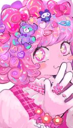 Rule 34 | :3, blush stickers, bow, cross-shaped pupils, flower bracelet, gloves, hair bow, hair ornament, hairclip, heart, heart hair ornament, heart in eye, highres, jewelry, lolita fashion, looking to the side, original, pink eyes, pink hair, pink theme, portrait, puffy sleeves, ring, ringlets, sahau228, short hair, steepled fingers, stuffed animal, stuffed toy, symbol-shaped pupils, symbol in eye, teddy bear