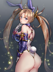 Rule 34 | 1girl, absurdres, adapted costume, ahoge, animal ears, ass, back, bare shoulders, blonde hair, blue eyes, blue gloves, blue leotard, blush, bradamante (fate), braid, breasts, cowboy shot, crown braid, detached sleeves, elbow gloves, fake animal ears, fake tail, fate/grand order, fate (series), from behind, gloves, gradient background, grey background, hand up, highleg, highleg leotard, highres, large breasts, leotard, light particles, long hair, looking at viewer, looking back, parted lips, playboy bunny, rabbit ears, rabbit tail, revision, solo, suishougensou, tail, thighs, twintails, two-tone gloves, two-tone leotard, very long hair, white gloves, white leotard