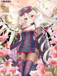 Rule 34 | 1girl, :d, black dress, black jacket, black pantyhose, blush, breasts, brown thighhighs, cleavage, cloud, cloudy sky, covered navel, dress, fingerless gloves, flower, gloves, goggles, goggles on head, hair between eyes, holding, holding flower, jacket, long hair, long sleeves, medium breasts, off shoulder, open clothes, open jacket, open mouth, original, outdoors, pantyhose, petals, pink flower, puffy long sleeves, puffy sleeves, red eyes, red gloves, sky, smile, solo, sunset, thighband pantyhose, thighhighs, thighhighs over pantyhose, twintails, very long hair, yuuki rika