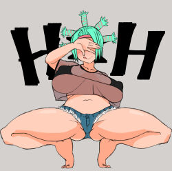 Rule 34 | 1girl, absurdres, alternate breast size, artist request, barefoot, blush, breasts, cleavage, female focus, full body, green hair, hairband, highres, hunter x hunter, large breasts, legs, legs apart, licking lips, menchi (hunter x hunter), navel, one eye closed, pink hair, short shorts, shorts, simple background, smile, solo, squatting, tongue, tongue out, weapon, wide hips, wink