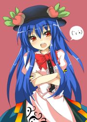 Rule 34 | 1girl, blue hair, bow, bowtie, crossed arms, female focus, food, fruit, hat, hinanawi tenshi, long hair, peach, red bow, red bowtie, ribbon, shingetsu takehito, solo, touhou, very long hair